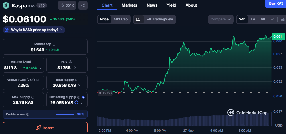 Kaspa Nears Full Coin Emission as Market Cap Tops $1.6B in 24-Hour Spike 1 image 404