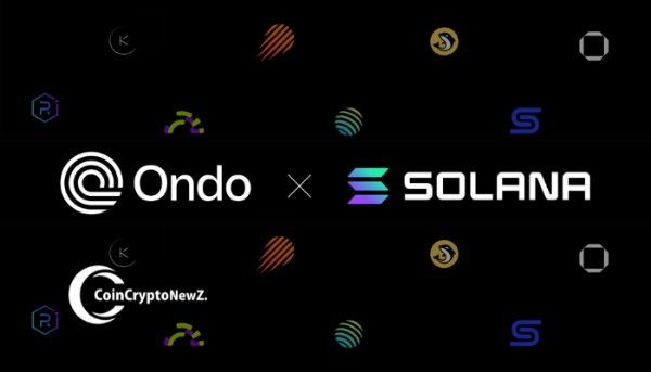 Visual of Solana blockchain integrated with Wall Street stock tickers and Ondo Finance’s tokenized assets platform launching in 2026.